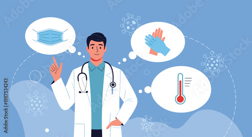 Medical doctor in white coat pointing to icons of face mask gloves and thermometer for health advice and disease prevention.