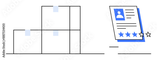 Stacked product packages next to a feedback card with a profile and star ratings. Ideal for logistics, e-commerce, user reviews, customer feedback, service insights, product evaluation, simple flat