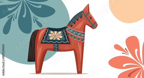 Swedish Dala horse ornament illustration featuring traditional folk art patterns on a red wooden toy horse figurine.