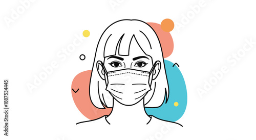 Young woman wearing a medical face mask for protection against viruses and air pollution with a colorful background.