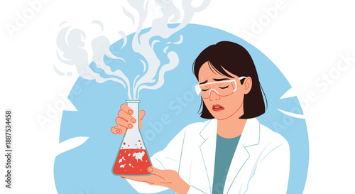 Young scientist woman expressing sadness and disappointment due to a failed chemical experiment with smoke rising.
