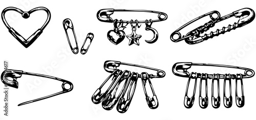 Vector set of safety pins hand drawing elements and symbols, pin, safety pin, metallic, sewing, isolated