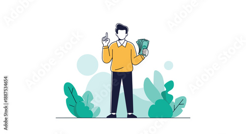 Faceless man character wearing a yellow sweater holding a fan of cash and pointing his finger up with a new idea.