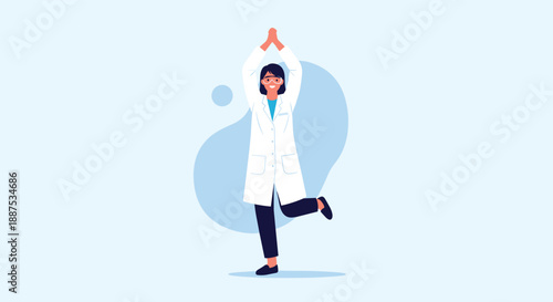 Female scientist in a white lab coat practicing a yoga tree pose to relieve stress during a busy day in the lab.