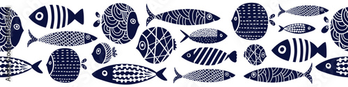 Vector seamless horizontal border with blue fish. Cute illustration. 