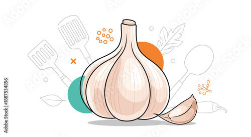 Large fresh garlic bulb and a single clove shown against a background of faint kitchen utensil outlines and shapes.