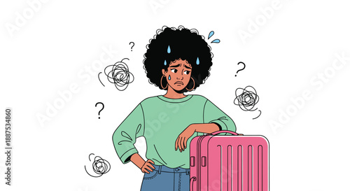 Stressed woman standing next to a pink suitcase with question marks and tangled lines suggesting travel confusion.
