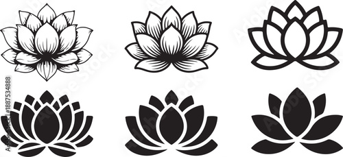 Lotus flowers black glyph and linear icons vector set. Vector black lotus icons set on white background. Lotus plant.