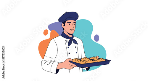 Friendly male baker in a white chef uniform and blue hat holding a tray of freshly baked bread rolls and pastries.
