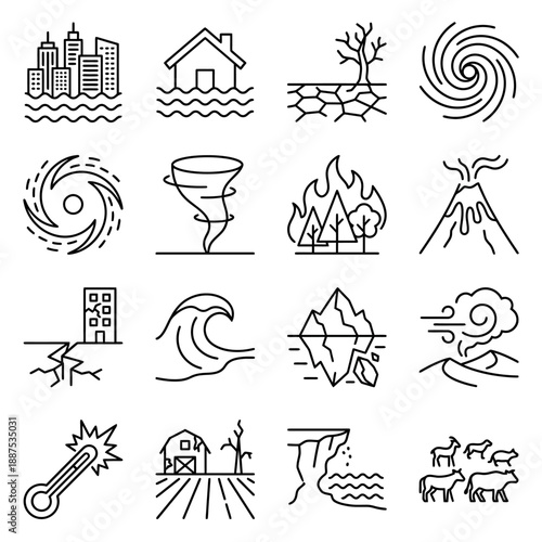 Set of modern line icons depicting various natural disasters and severe weather conditions