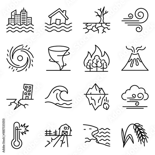 Set of modern line icons depicting various natural disasters and severe weather conditions