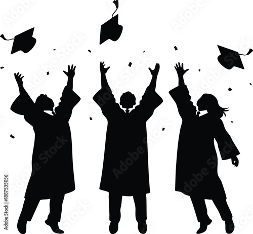 Three graduates throwing their caps in the air in celebration silhouette