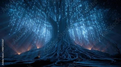 Cinematic 3D animation of a magical glowing tree of life with blue bioluminescent leaves and hanging lights in a dark mystical forest at night