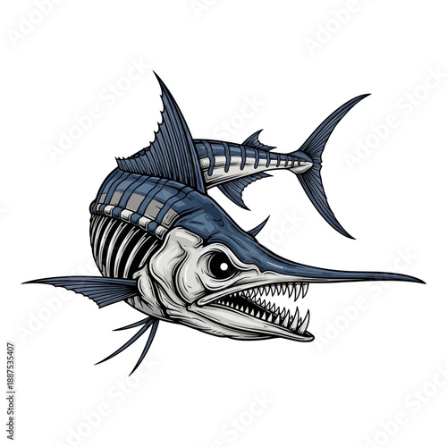 skeleton marlin fish mascot with sharp teeth and blue fins on white background