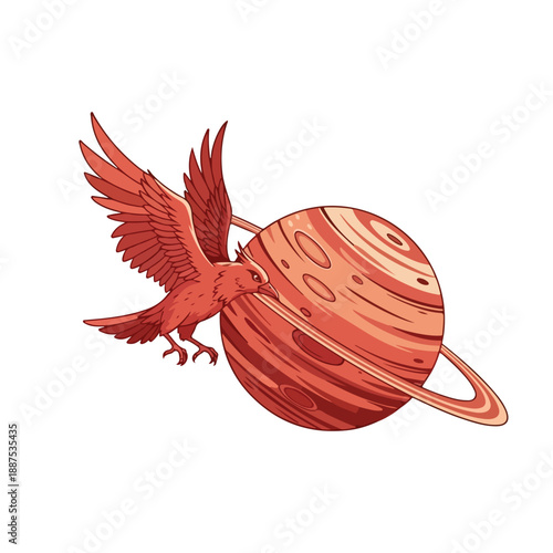 Red Bird Flying Around Saturn Planet Illustration.