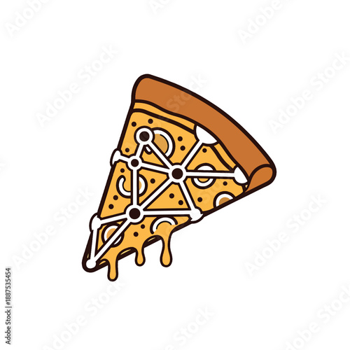 Illustration of a pizza slice featuring an interconnected network, blending food and technology.