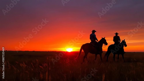 Silhouetted Cowboys Riding into the Sunset - Two cowboys on horseback ride through a golden field against a stunning sunset backdrop.