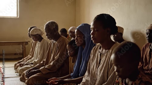 African Muslim Family and Community Praying Together Indoors