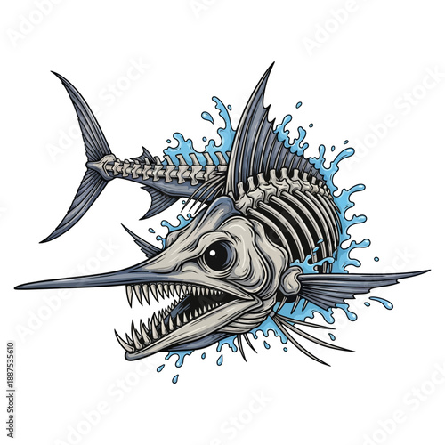 skeleton marlin fish mascot with sharp teeth and blue fins on white background