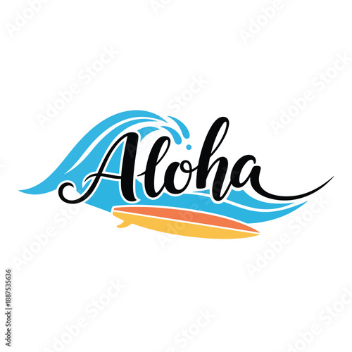 Tropical 'Aloha' Script with Surfboard and Ocean Wave Vector Illustration for Summer Vacation Design