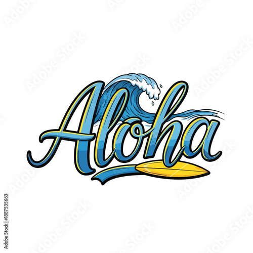Tropical Aloha Text Graphic with Ocean Wave and Surfboard Illustration for Summer Vacation Design