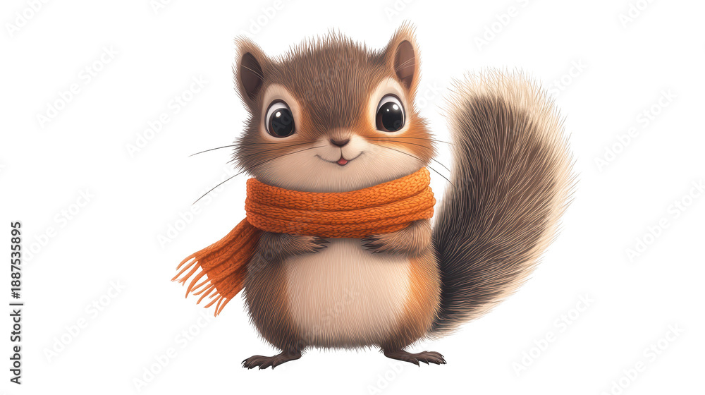 Fototapeta premium Cartoon squirrel wears scarf around neck illustration shows squirrel with winter neckwear