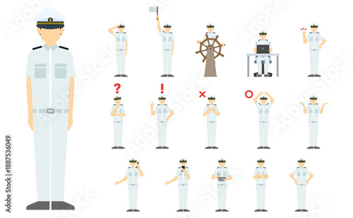 フラットイラスト：船員正面(白い制服)