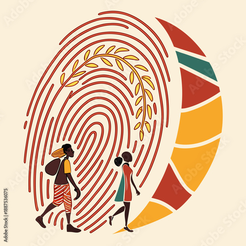 Two people walking towards a symbolic structure