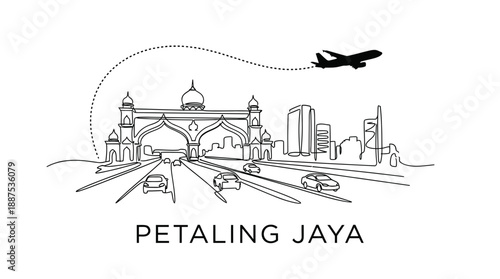 Petaling Jaya city skyline and landmark arch vector illustration