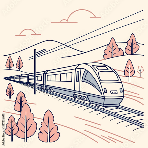 Modern train traveling through a scenic countryside