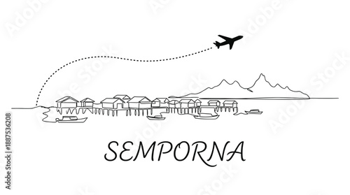 Semporna Malaysia water village and airplane travel line art vector