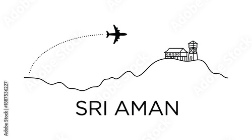 Sri Aman Sarawak travel destination airplane line art vector illustration