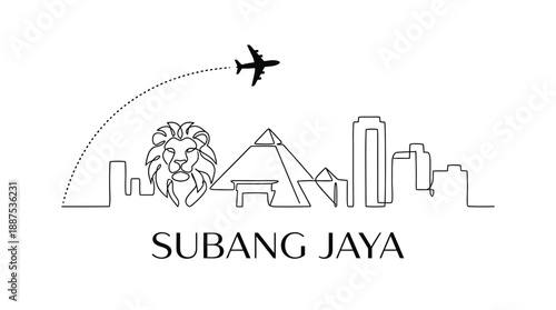 Subang Jaya city skyline with airplane travel vector illustration