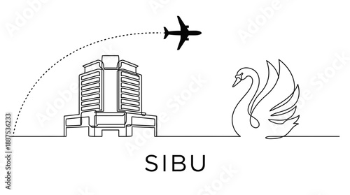 Sibu city landmarks with swan and airplane vector line art