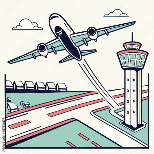 Airport scene with airplane and control tower