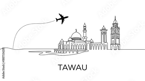 Tawau Malaysia city skyline and airplane vector illustration