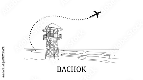 Beach lifeguard tower and airplane flying Bachok vector illustration