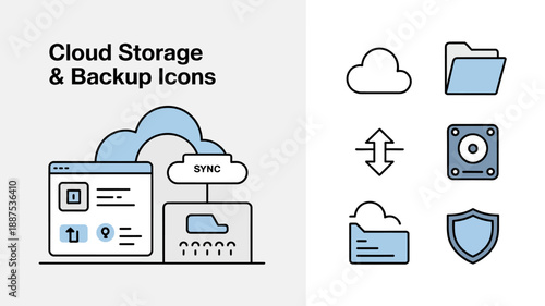 Cloud storage and backup icons for data sync, security, and file management services.