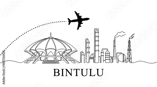 Bintulu city skyline with airplane flying vector illustration