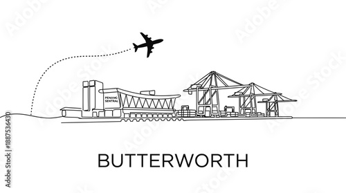 Butterworth skyline with port and airplane minimalist line art vector illustration