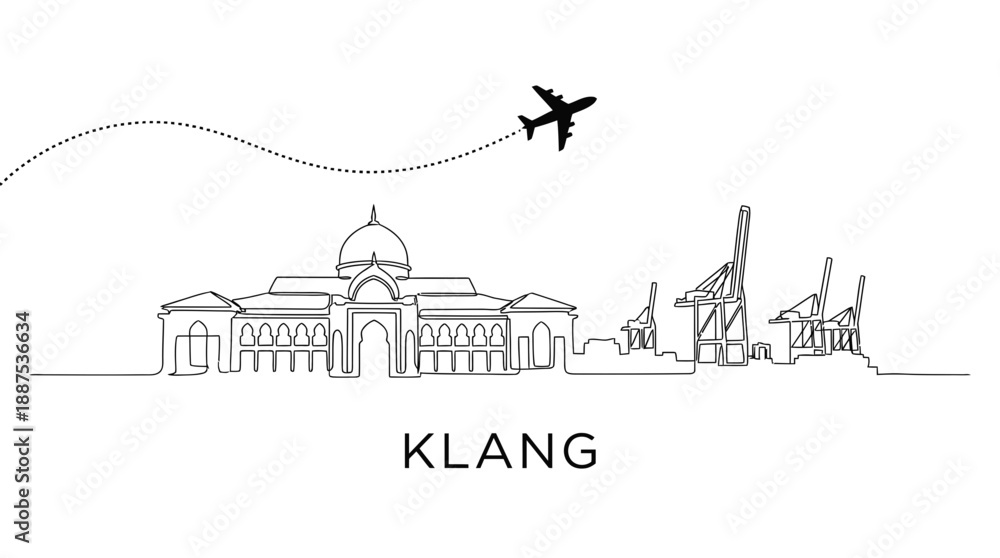Fototapeta premium Klang city skyline with plane flying above vector illustration