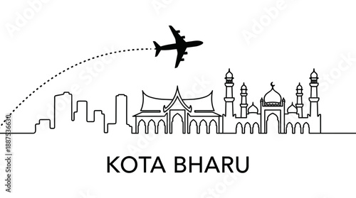 Kota Bharu Malaysia skyline with airplane travel vector illustration