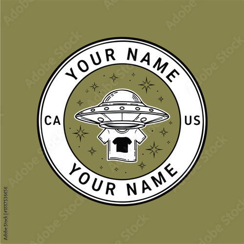 Retro UFO TShirt Design with Alien Spaceship and Stars.