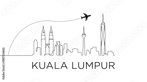 Kuala Lumpur skyline with airplane travel vector illustration