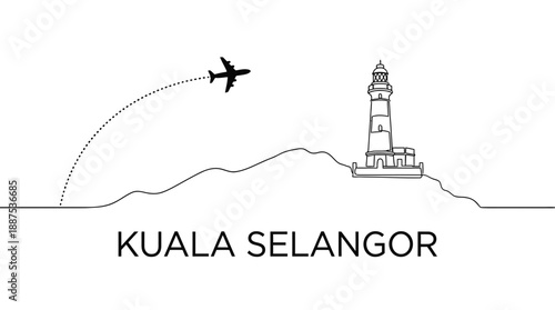 Kuala Selangor lighthouse and airplane travel line art vector illustration