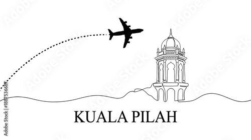 Kuala Pilah clock tower and airplane travel vector illustration