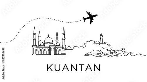 Kuantan city landmarks and airplane travel line vector
