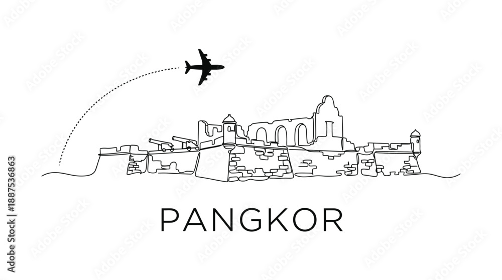 Fototapeta premium Pangkor Dutch Fort landmark with airplane travel vector illustration