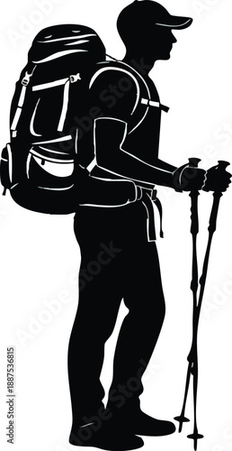 A silhouette of a hiker standing with trekking poles on transparent background