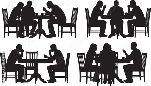 Black silhouette illustration of people sitting at tables engaged in conversation, teamwork, collaboration, storytelling, and social interaction for business, dining, education, and community concepts